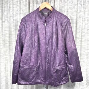 Elementz Metallic Croc Jacket Purple Women XL Extra Large Mock Neck Embossed EUC